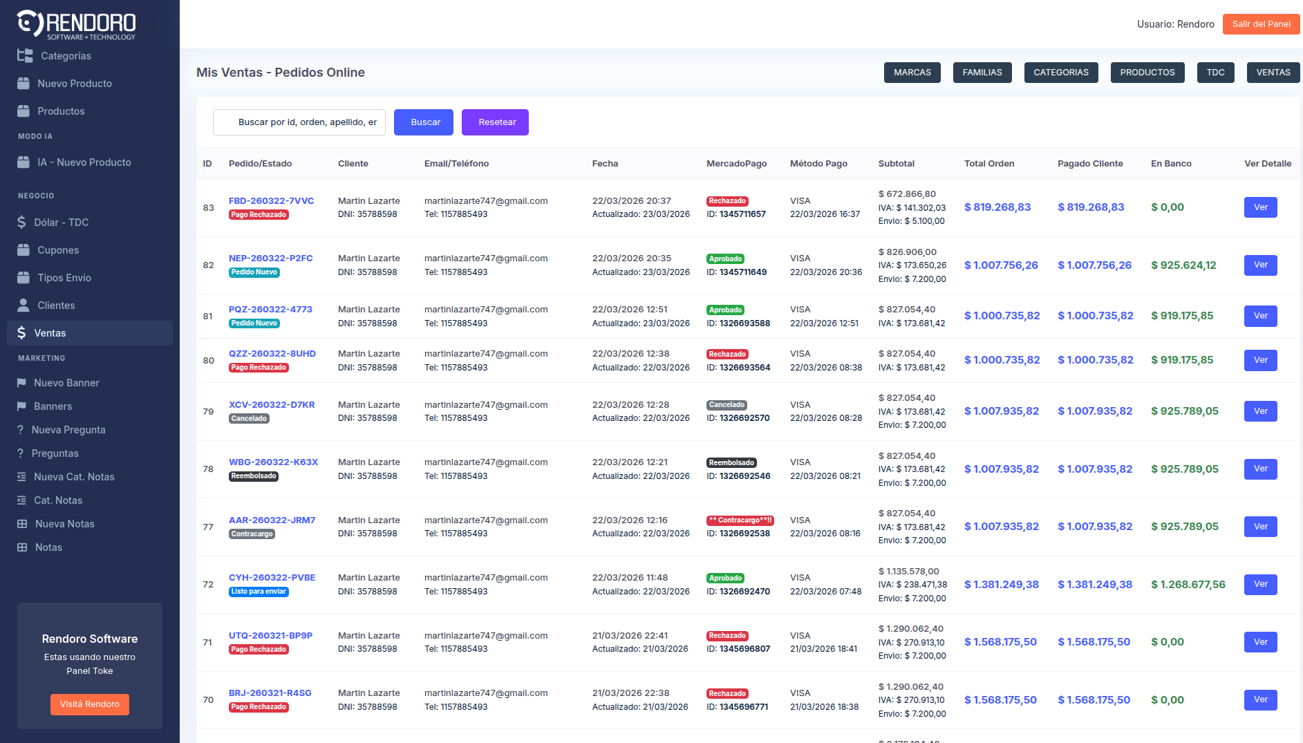 Panel de ventas TOKE - listado de pedidos online en tiempo real